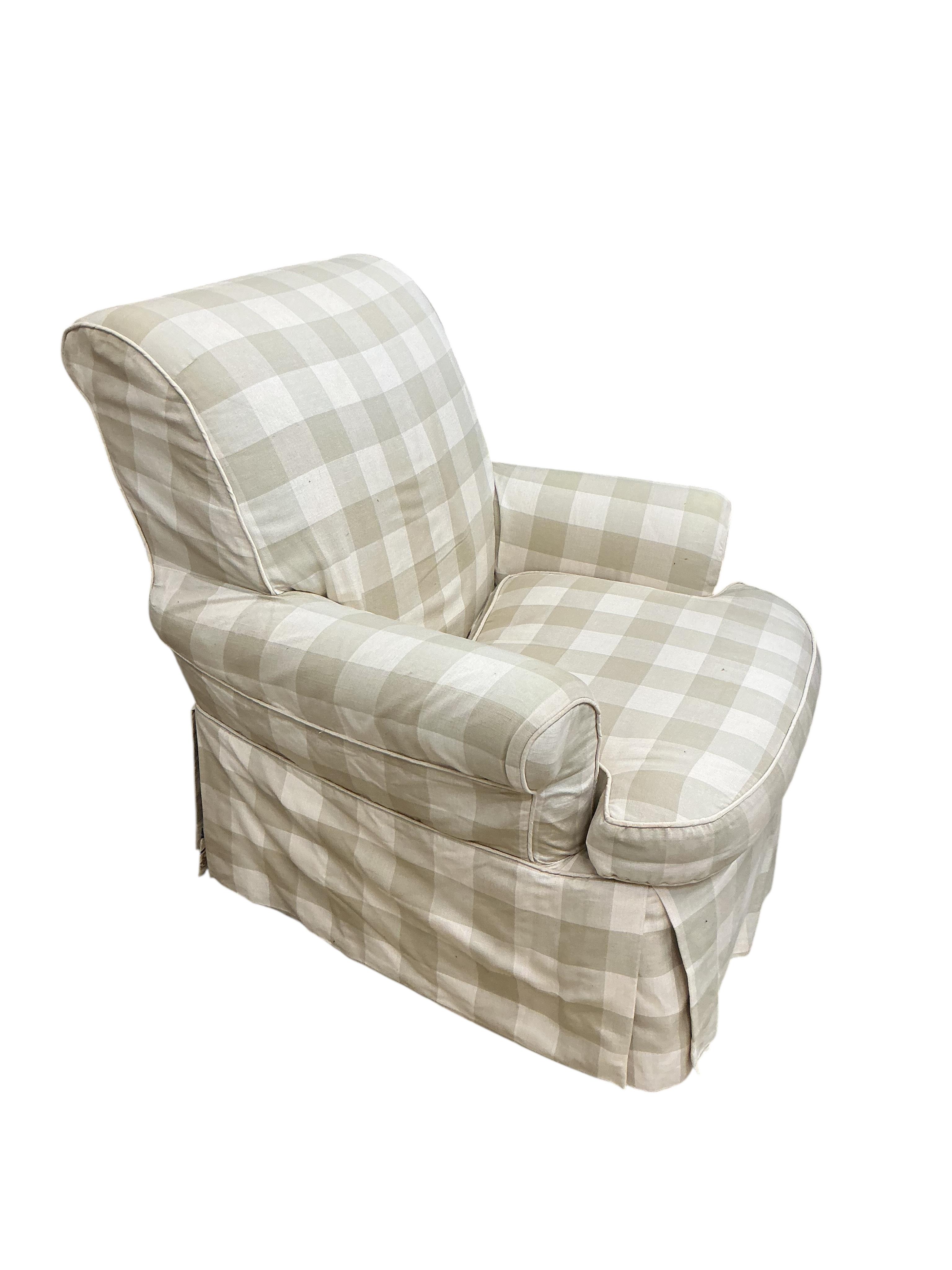 A pair of large grey and white squared upholstered settees, width 200cm, depth 90cm, height 84cm and a pair of matching armchairs